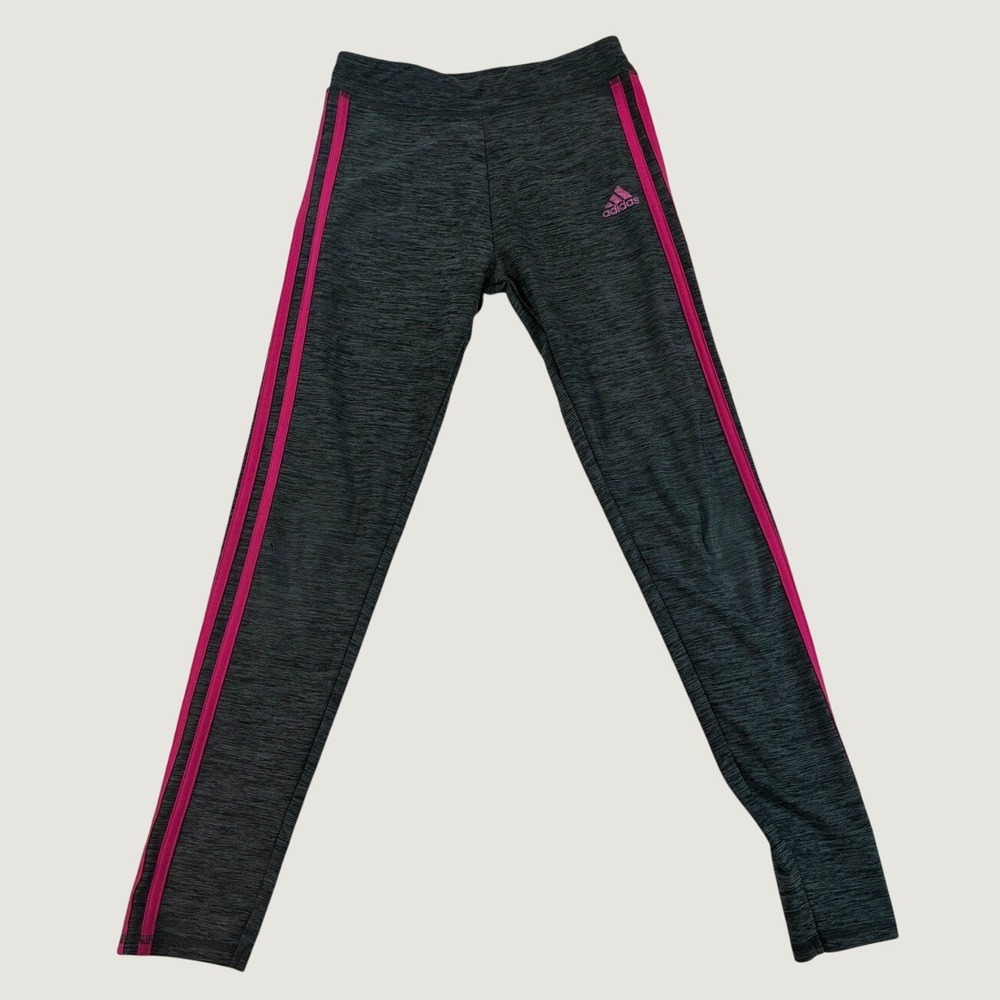 Adidas Girls M 10-12 Leggings Gray Pink 3-Stripe Athletic Pants G58